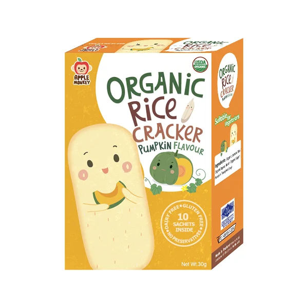 Hot Sales 100% Organic Baby Food Apple Monkey Gluten Free Baby Grain Snack Dairy Free Pumpkin Rice Cracker with No Preservatives