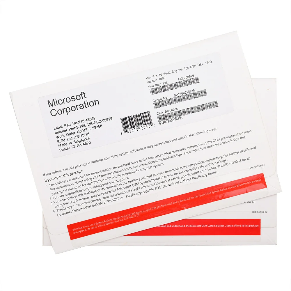 100% Working Microsoft windows 10 Pro key 64 bit DVD OEM Package windows 10 professional FPP coa sticker