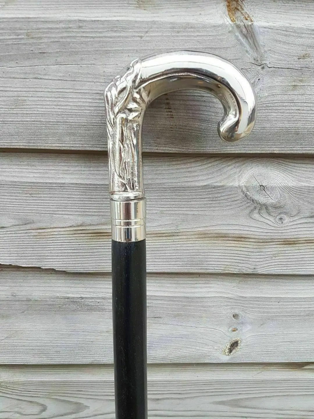 Solid Silver eva Adam Head Vintage Black Wooden Walking Stick Cane handmade Collectible For Adult men women