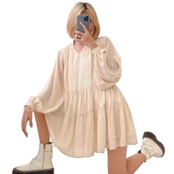 2021Women White Bubble Sleeve Baby doll  Vintage Dresses Female Casual Summer Chiffon Good Quality Dresses