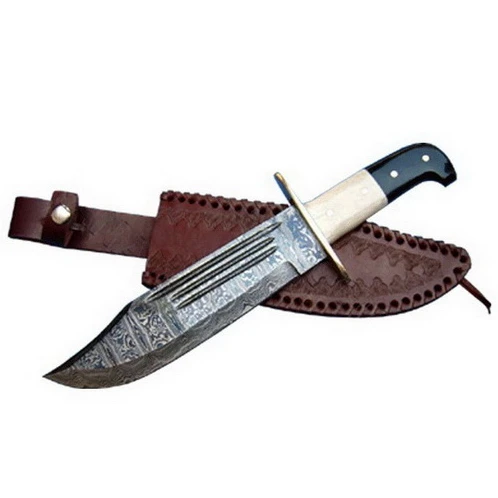 Handmade Damascus Steel Bowie Knife with Bone Handle Grip And Fine Leather Sheath Outdoor Knife Wholesale Knife