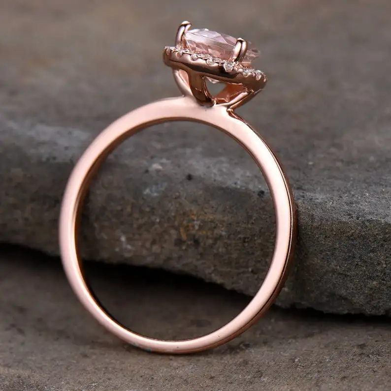 Pear Cut Morganite Engagement Ring 6 x 8 mm Rose Gold Plated Plain Band Minimalist 925 Sterling Silver Bridal