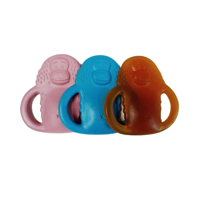 Private Label BPA Free Natural Rubber Baby Teether Pink Chew Toy Help Relieve Teething Pain In Monkey Animal Pattern