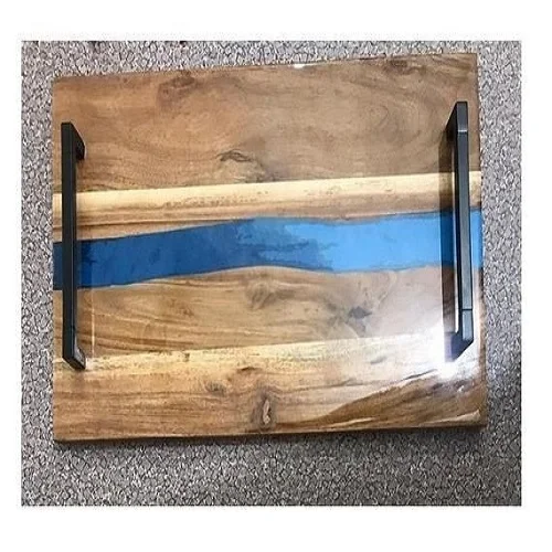 Wholesale Diy Epoxy Resin River & Acacia Wood Serving Tray With Metal Handle Hotels & Restaurant Kitchenware Coffee Table Tray