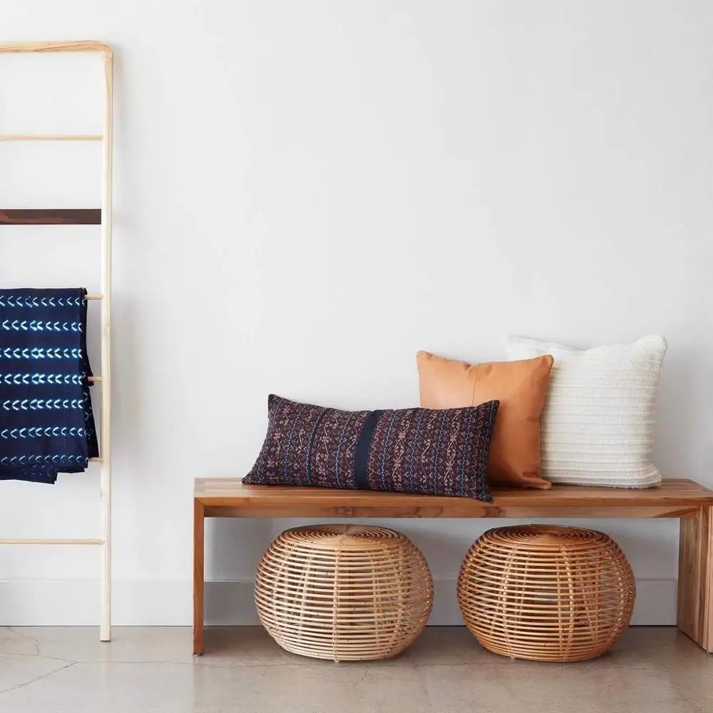 Natural round rattan ottoman for living room