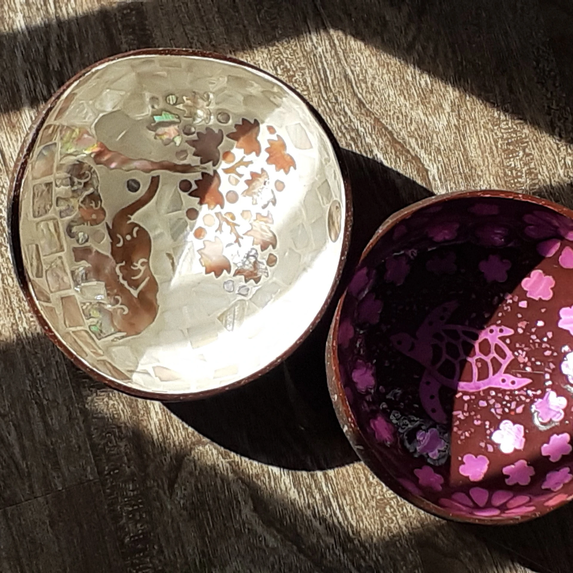 Vietnamese cheap animal pattern coconut bowl shell set of 2 - coconut bowl with mother of pearl inlay with ebony spoon