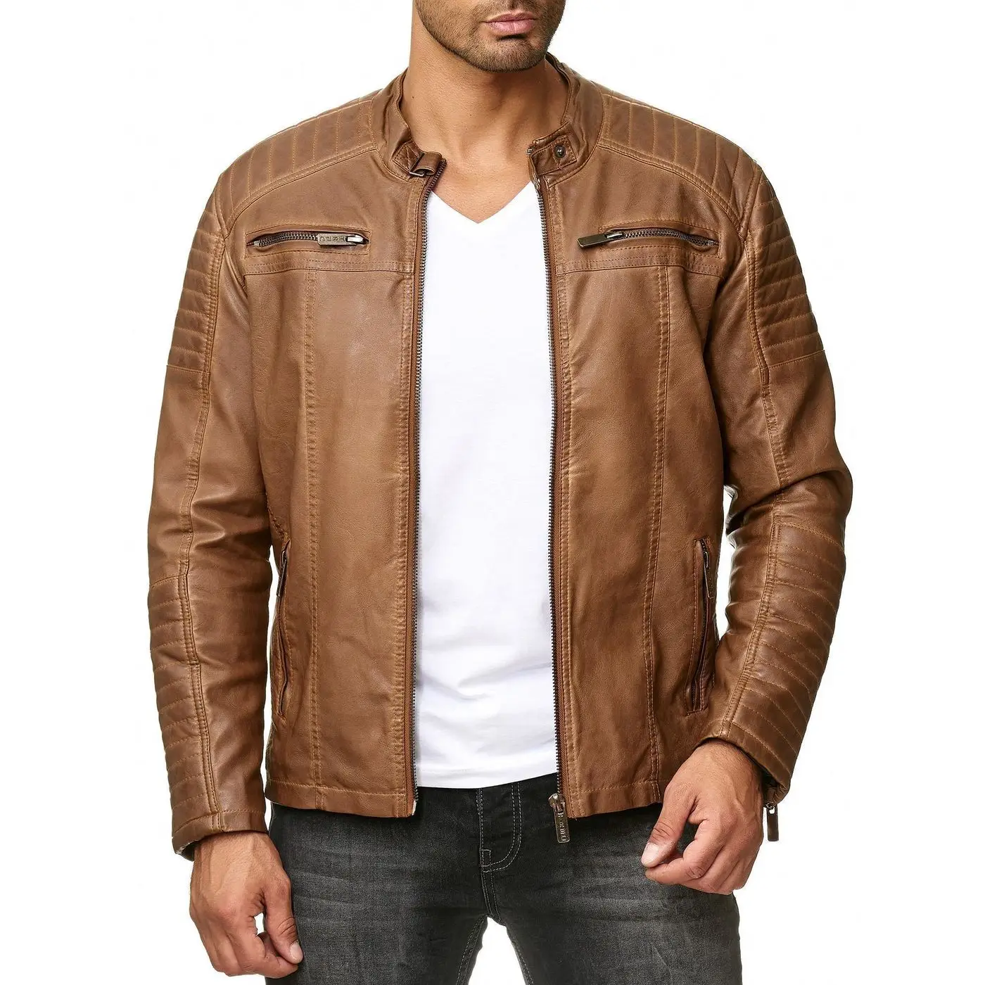 Wholesale Fashion Faux Leather Motorcycle Short Stand Collar Zip Jacket / Mens Fully Heavy Winter Goat Leather Jackets