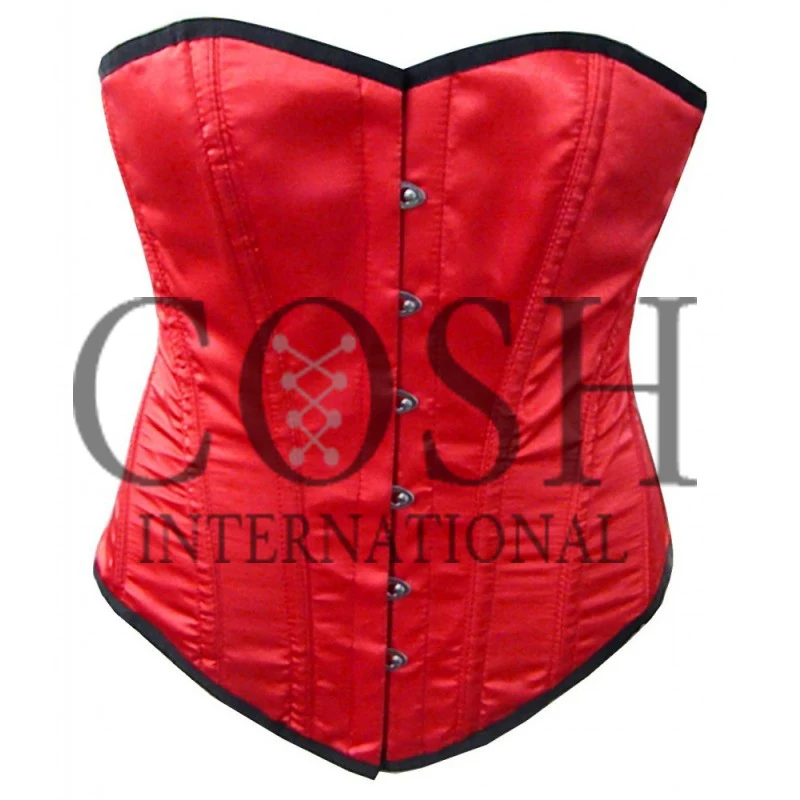 Heavy Duty Over Bust Steel Boned Plain Red Satin Waist Training Corset Top With Front Busk Closure And Back Adjustable Laces