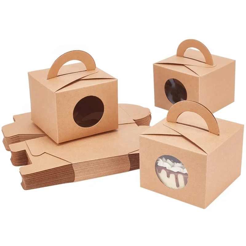 Mini Macaron Cake Kraft Bakery Paper Boxes Food Cake Packaging Cupcake Boxes Cake Box with Window Disposable Paperboard Handle