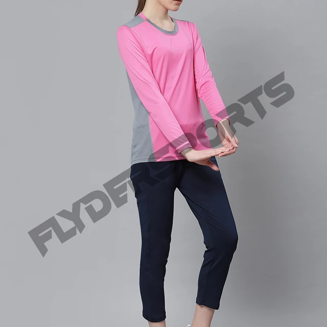 Women Pink and grey solid yoga T shirt round neck and long sleeves PANELS DESIGNS custom logo and block colors shirt women