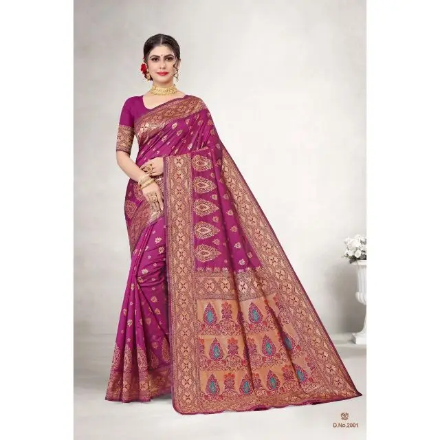 Indian Wholesale Causal Wear Jackquard Silk Weaved Saree With Blouse 4 Pieces Design Sarees 2021 Indian Traditional Wear