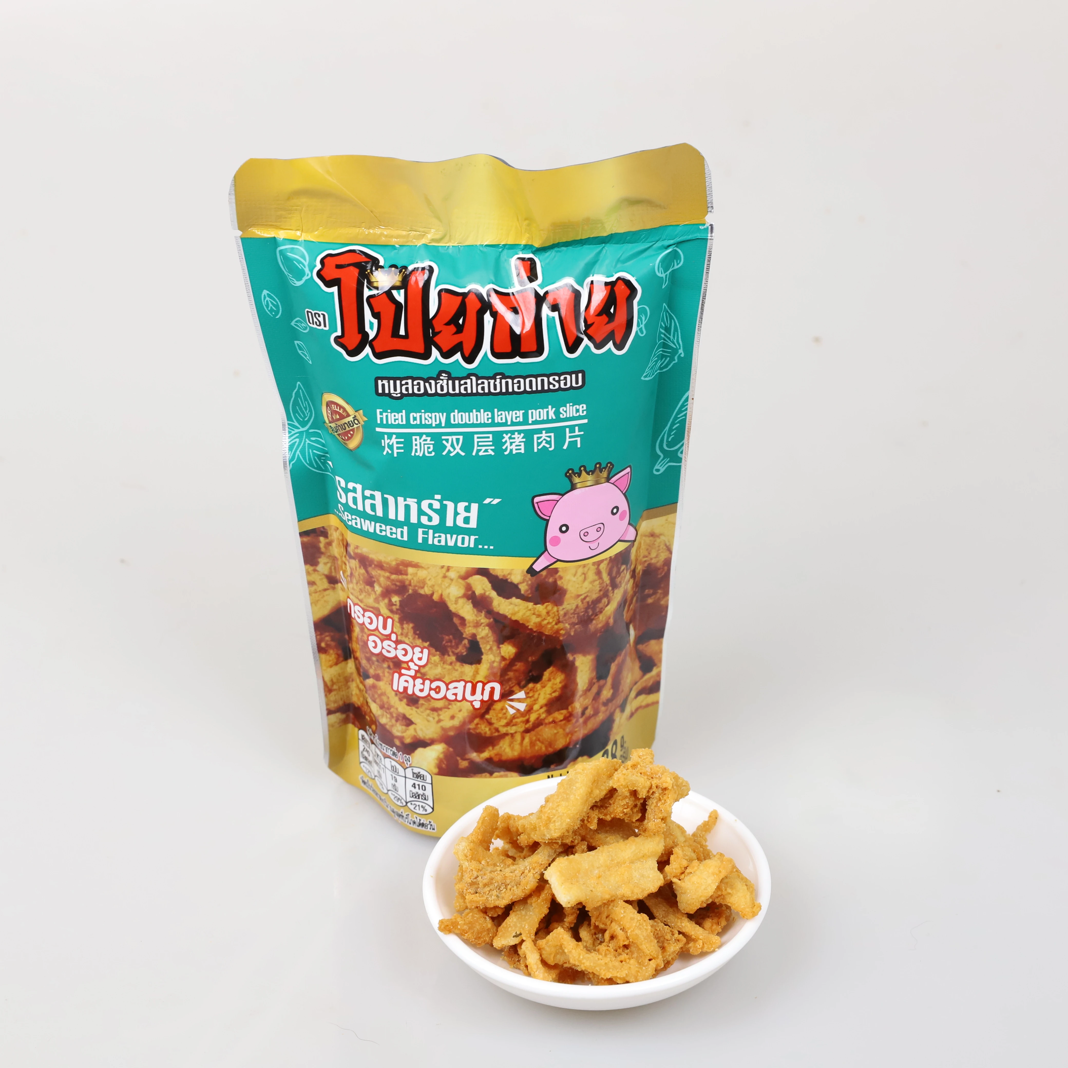 Poygai Fried Crispy Double Layer Pork Slice Seaweed Flavor 38 g.Premium Quality Snacks from Thailand 2022 New Product 4 Favors