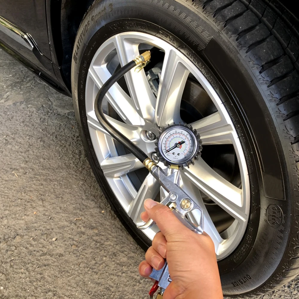 Dial Tire Aluminum Inflating Inflator Deflator Metal Gun Pressure Gauge Rubber Hose