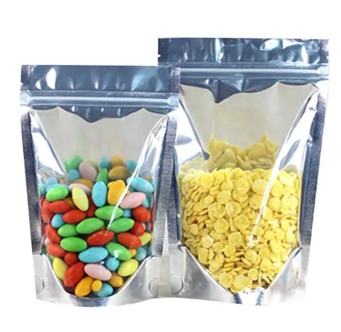Custom Printing Front Clear Aluminum Foil back Stand Up Pouches Zip Lock Resealable Mylar Food Packaging Bags