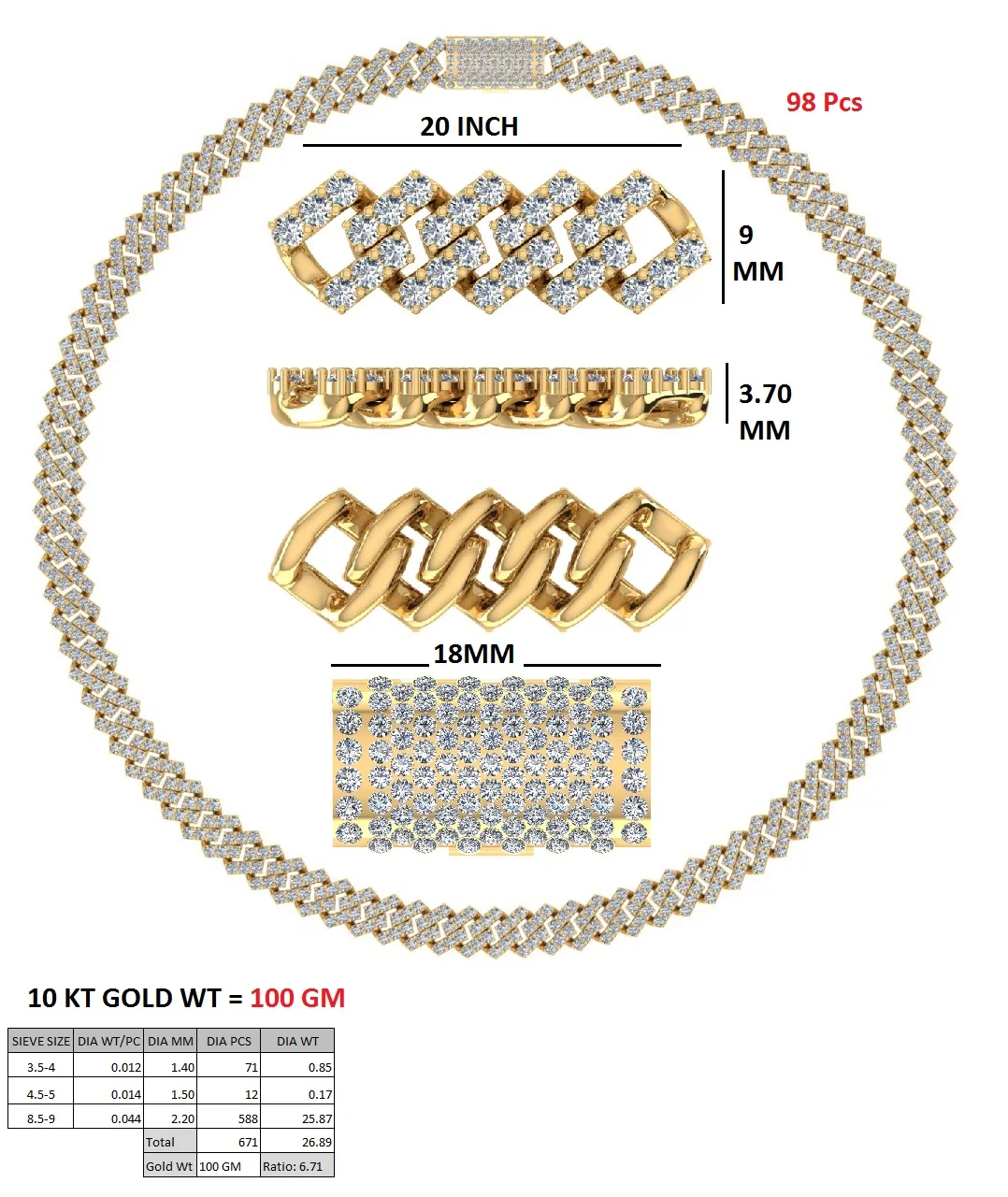 10kt Rose Gold Cuban Chain with 215 grams weight