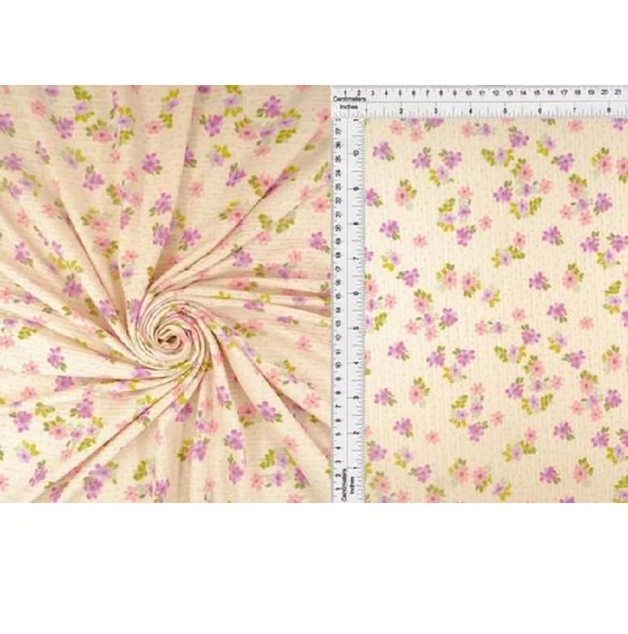 Custom Design Poly Span Stylish Knitted Fabric  8X3 Yummy Rib Floral Print Beige