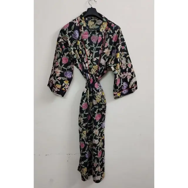 Black Floral Printed Cotton Kimono Sexy Bathrobe Indian Cotton Long Night Suit Summer Wear poncho Maxi Dress