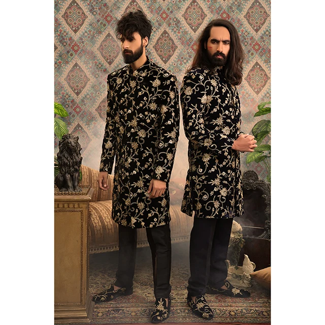 
Black Sherwani with floral embellishments 