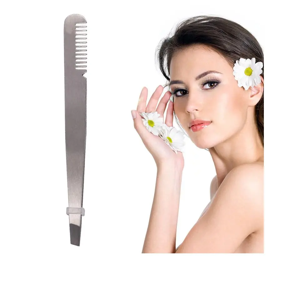 Stainless Steel Bevel Tweezer Eyebrow Eyelash Comb Clip Makeup Tools Beauty Scissors Flat Tip Hair Removal Cosmetic