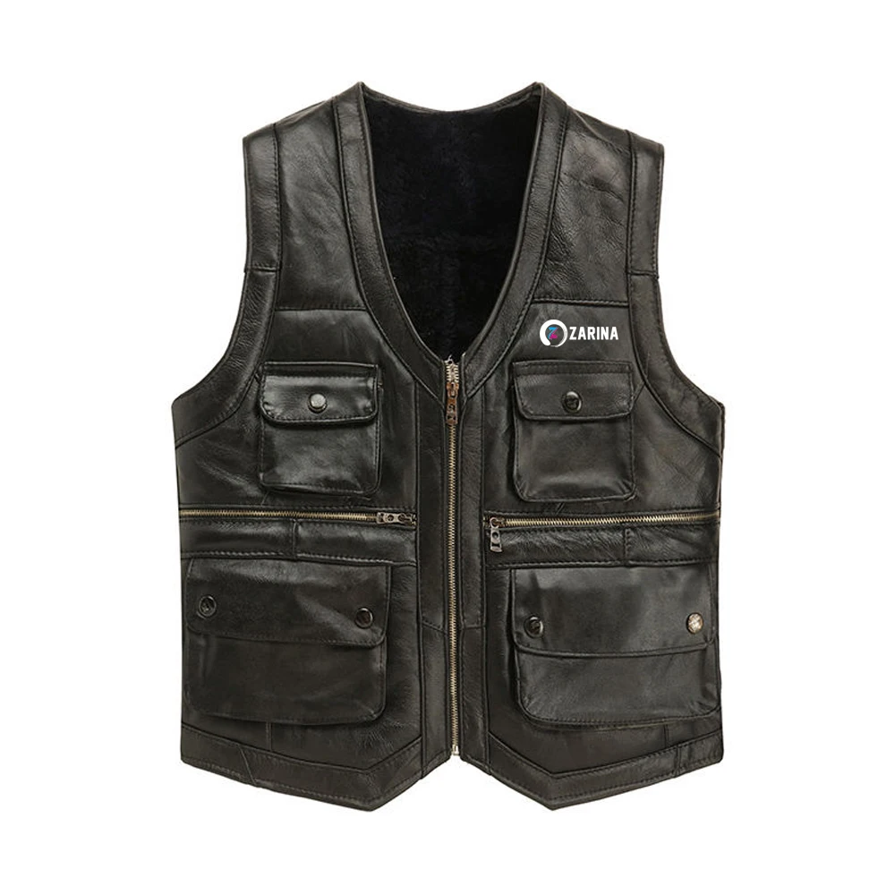 Mens Luxury Full Sheepskin Leather Gilet Motorcycle Vest for Men Pockets Black Brown plus Leather Coat winter jacket