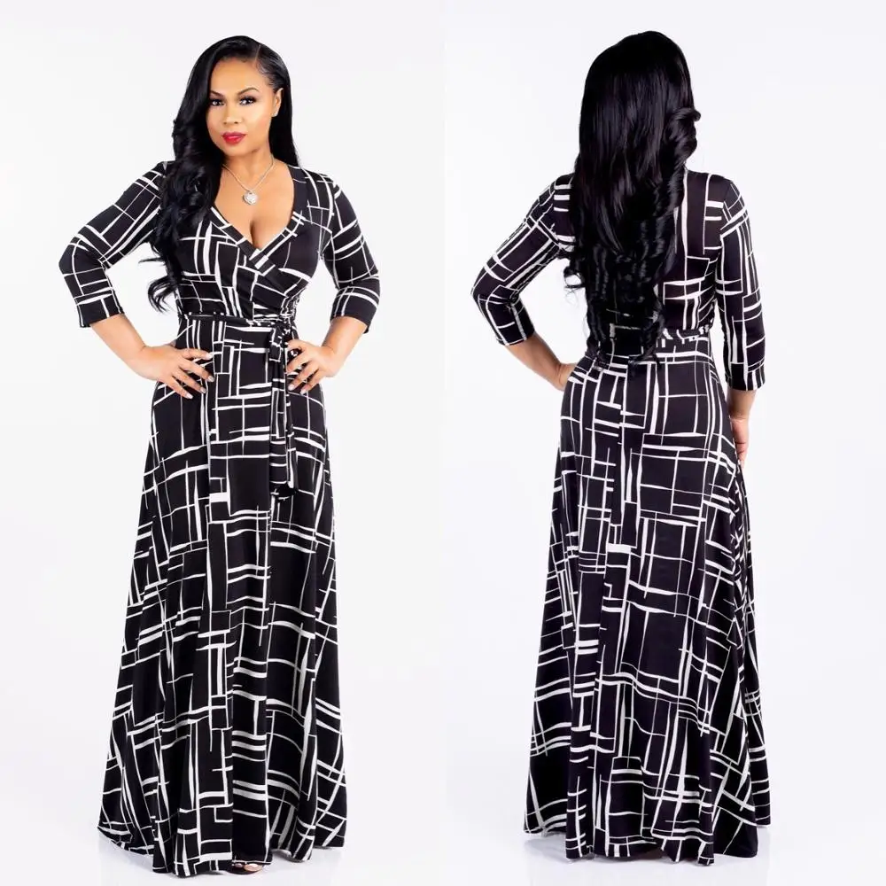Casual Deep V-Neck long Sleeve Maxi Dress Flower Printed Women Plus Size Dresses