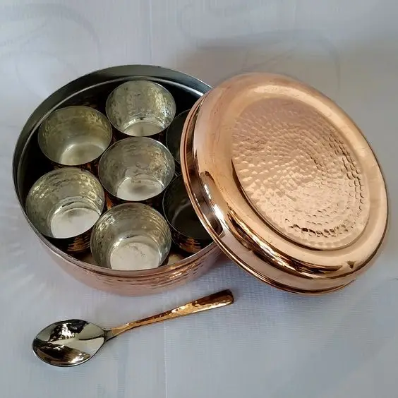 Bulk Stainless Steel Rose Gold Polished Hammered Masala Spice Box With Spoon And Seven Jar Container Box