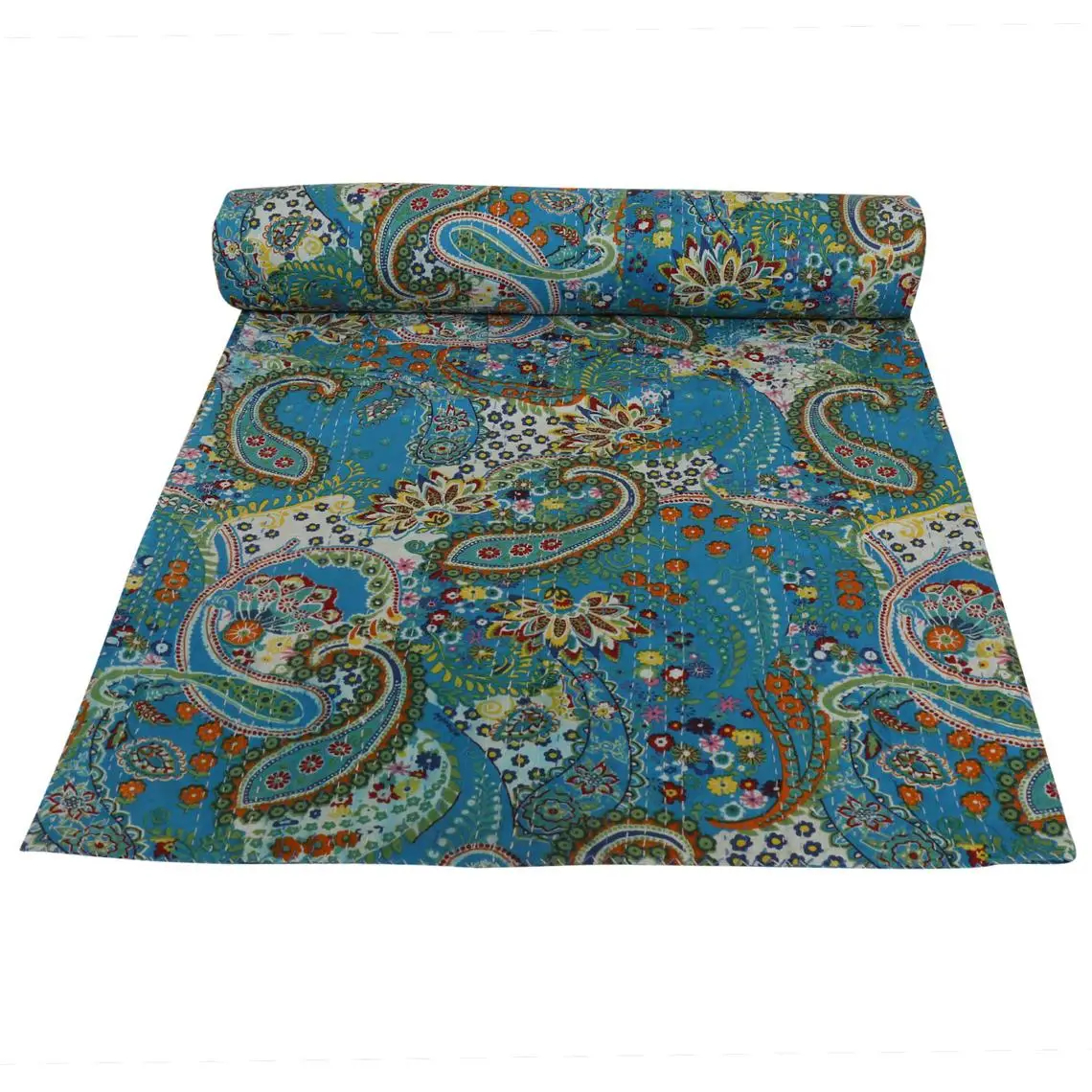 Indian Cotton Handmade Blue Indigo Kantha Quilt Hand Block Boho Bedding Bohemian Bedspread King Size Kantha Bed Cover