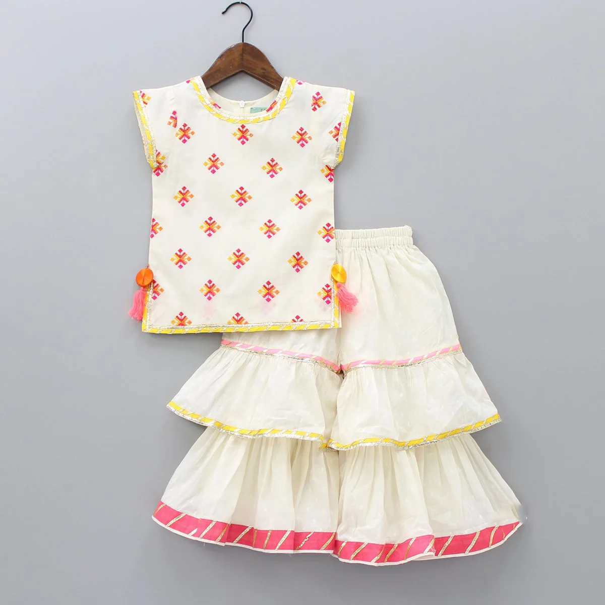 White Multicolour Bootie Kurti And Sharara With Dupatta Multicolour Thread Embroidery Layered Sharara Frills And Lace Attached