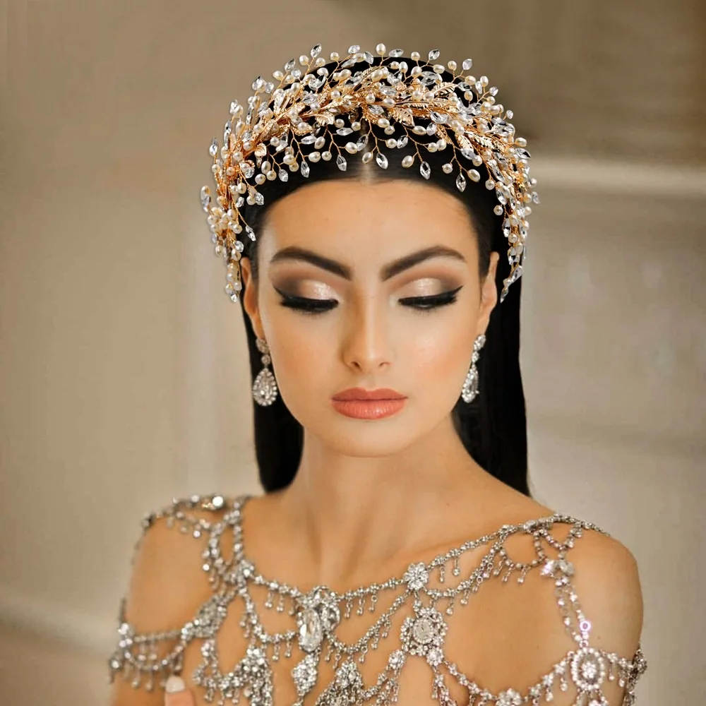 Luxury Rhinestone Wedding Headbands Glass Tiara Crystal Headpiece Bridal Hair Accessories Sliver Golden Headband