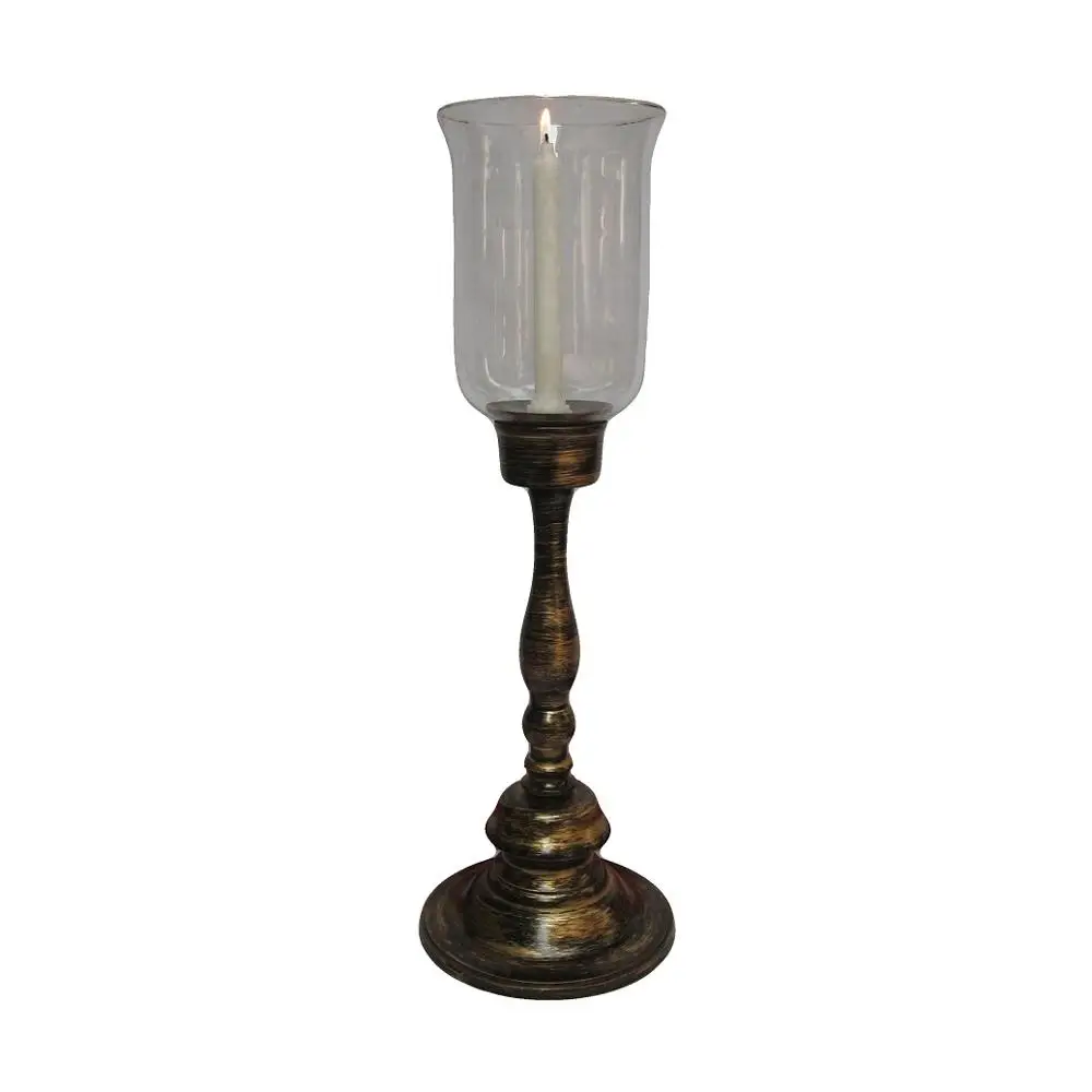 Candle Holders - Metal - Aluminum - Hurricane Pillar Candle Holder - Antique - Glass Votive- Decorative - Hi-tech International