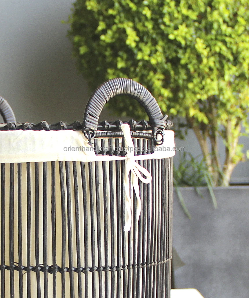 NEGOMBO Black Rattan Laundry Hamper with Spider Web Lid and Fabric Liner Modern Farmhouse (set of 2)