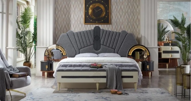 Imperator wedding bedroom set king size bed with storage lighted headboard mirrored dresser Turkish furniture