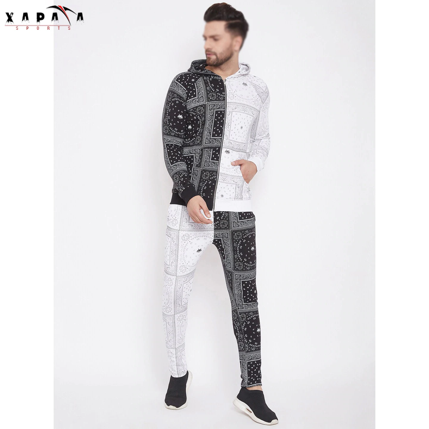 Professional High Quality Men Tracksuit Men White & Black Ethnic Motifs Printed Slim-Fit Tracksuit By XAPATA SPORTS