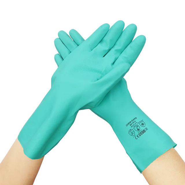 OEM direct factory flocklined non latex green nitrile gloves Malaysia for chemical resistant oil grease for car repair use