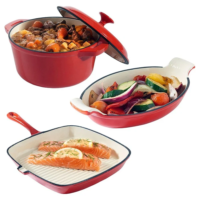 Manufacture Price cast iron enamel cookware three pieces set red pot set can be custom with pots and pans