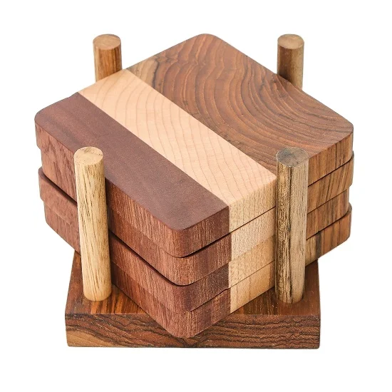 2023 Best selling & top quality acacia wooden coasters set with holder  wood coaster sets good natural finished