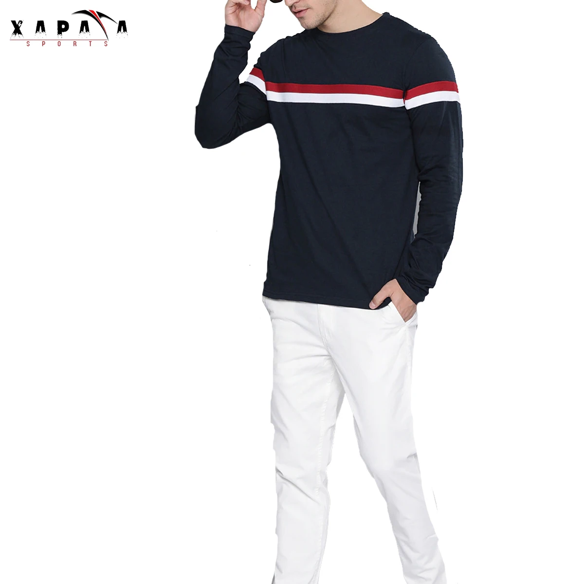 Navy Blue & Red Striped Cotton T-Shirt Wholesale Best Quality New Design Men Long Sleeve T-Shirts By XAPATA SPORTS