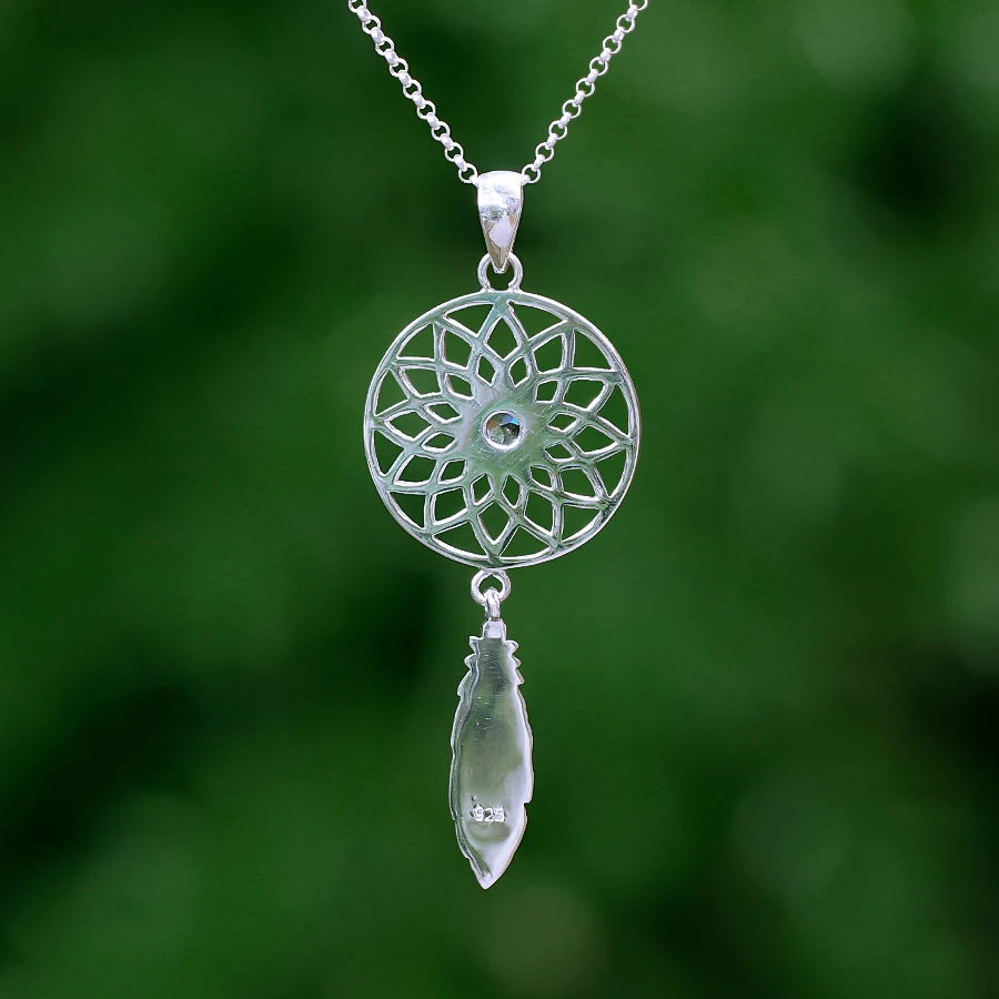 Sterling Silver Lotus Dream Catcher Pendant with Blue Topaz