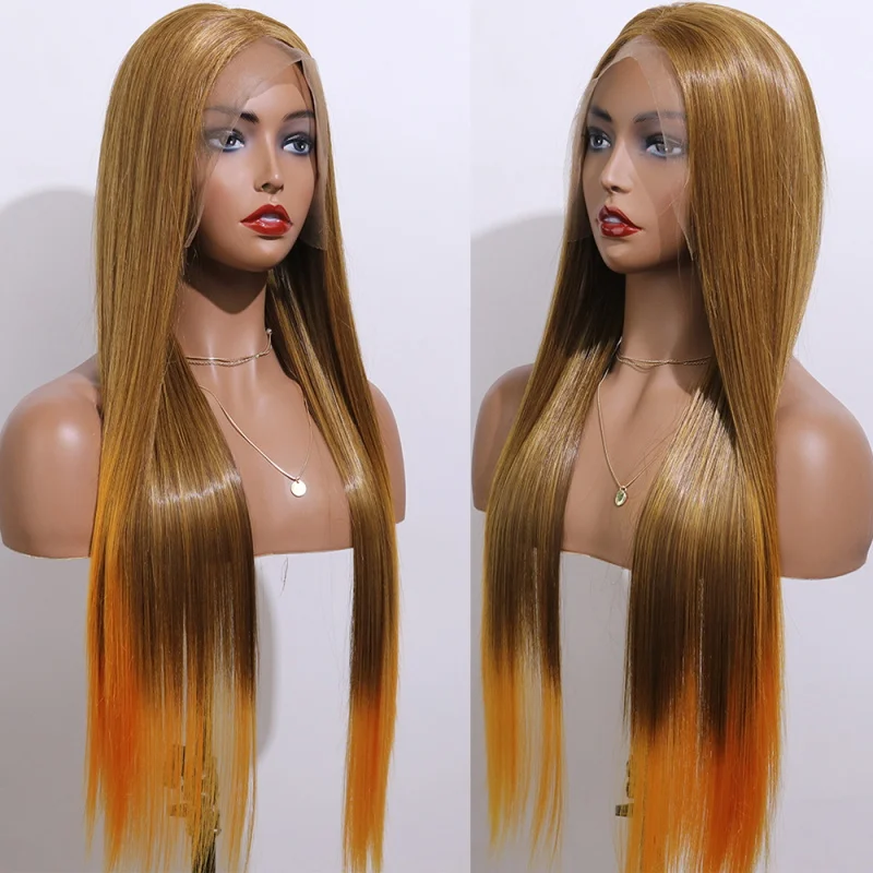 
13x6 Transparent lace Light brown ombre golden Heat Resistant fiber long straight synthetic front lace wig wholesale wigs 
