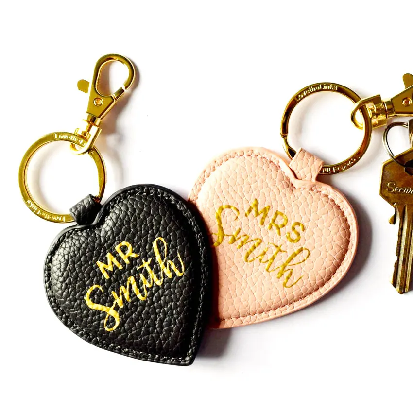 Custom logo Foil Stamped Engraved Branded Leather Heart Keyring