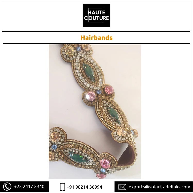 2024 Top Most Selling Hand Embroidered Hairband Beads Made Emerald Marquis Eye Fashion Hairbands for Girls