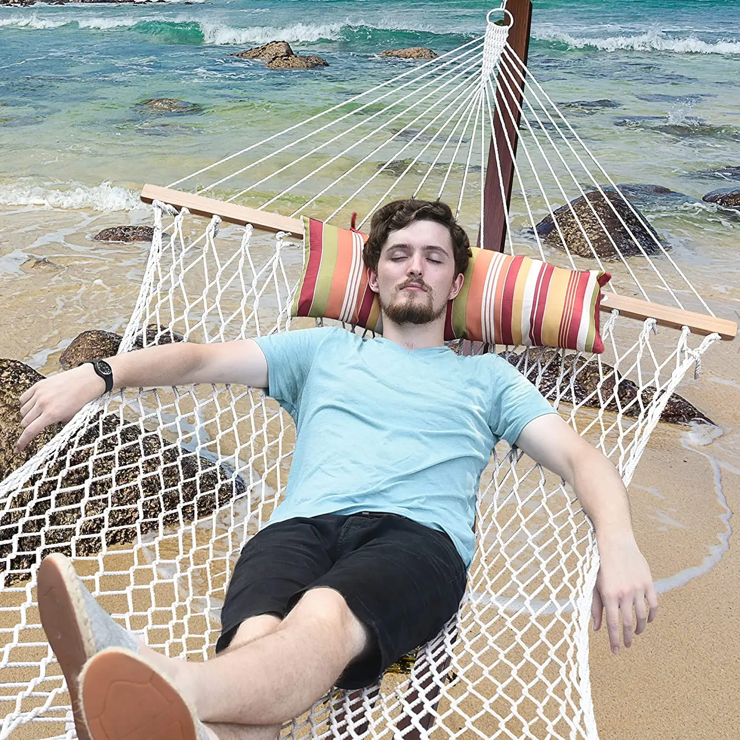 Расслабляющий гамак с хлопковой веревкой и отверстиями из твердой древесины/GK39 Патио Сад для отдыха на открытом воздухе 2x1,4 метра