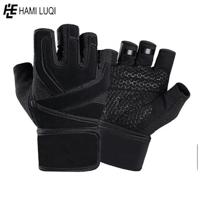 Anti Slip Breathable Sports Workout Fitness Training Weight Lifting Gym Gloves with Wrist Wraps Black Unisex