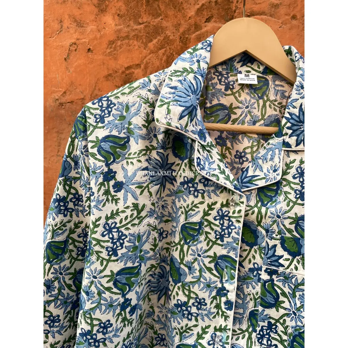 White Organic Indian Night Wear Night Suit Floral Print 100% Cotton Pyjama Set Wholesale Sleepwear Cotton Shirt Trouser