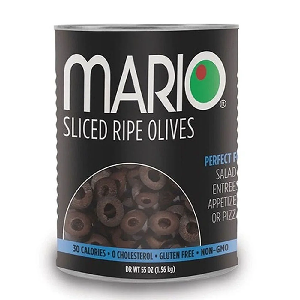 Mario Camacho Slice Ripe Olives 55oz Jar, Unmistakable, Delicious, Bold Flavor Premium Quality Pitted Black Olives