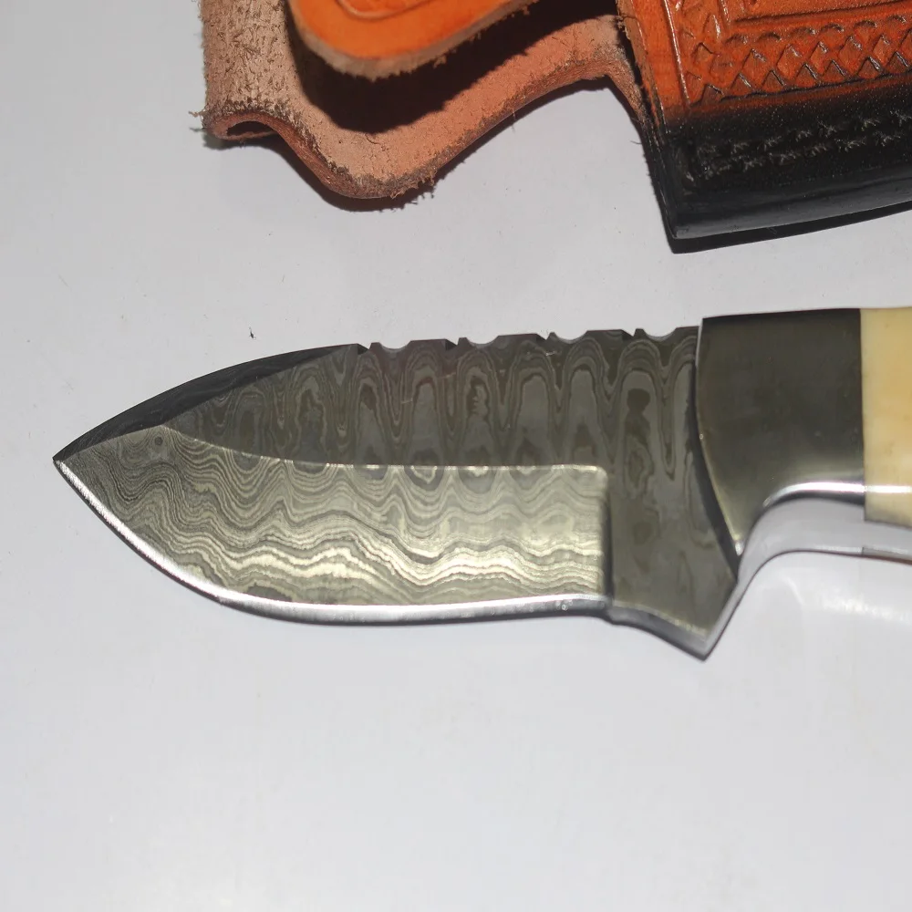 
DAMASCUS STEEL RANDOM PATTERN HUNTING SKINNING SURVIVAL BUSH CRAFT EDC KNIFE WITH BONE HANDLE AND MOSAIC PIN (U265) 