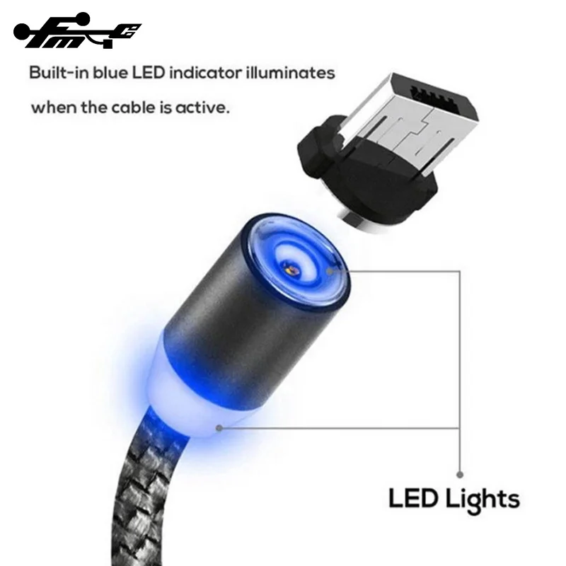 Cell Phone Cable Magnetic USB Charger 1M 3 in 1 USB Charging Data LED Metal Micro USB Function Cables Magnetic Phone Charger