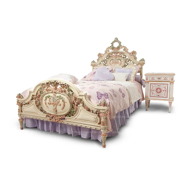 Rococo elegant and graceful luxury pink color with gold solid wood children girl bedroom single bed