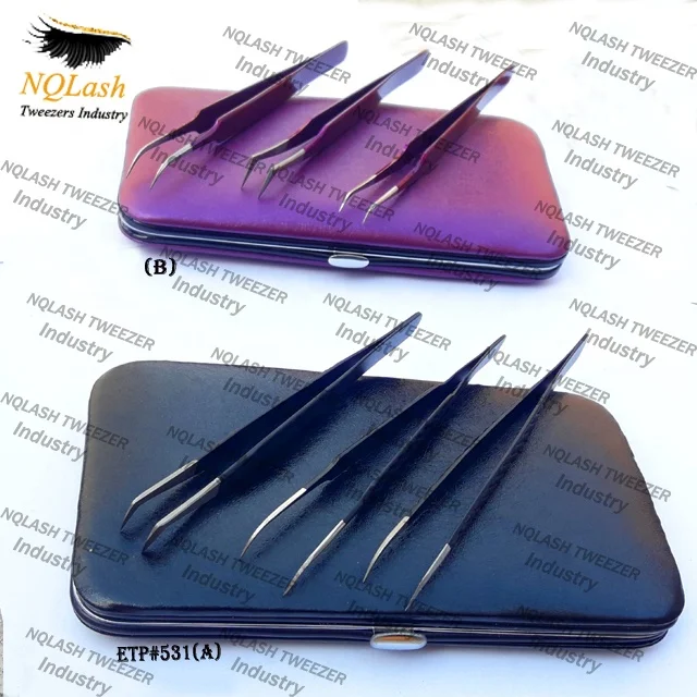 3 Piece Black Purple Magnetic Kit Eyelash Extension Tweezers Set / Custom logo Eyelash Tweezers Case NQ Lash Tweezers