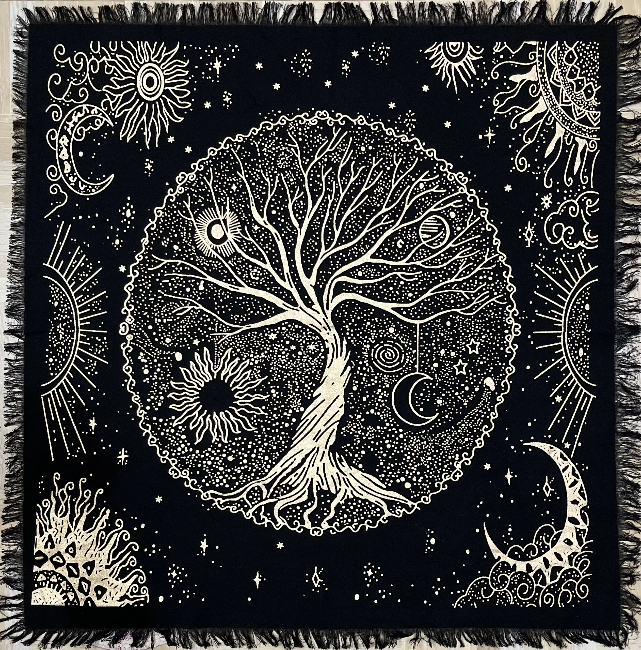 Handmade Bohemian Cotton Square Table Cover Celestial Tree of Life Tarot Spread Indian Woven Tapestry